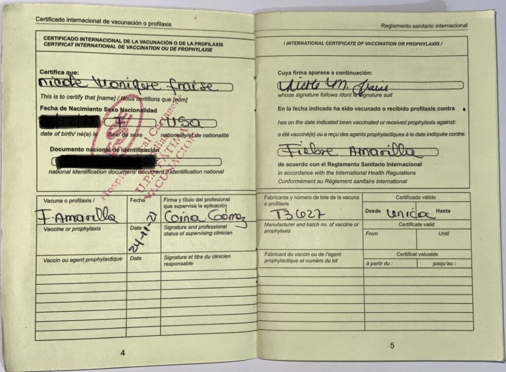 Actual Yellow Fever vaccination record